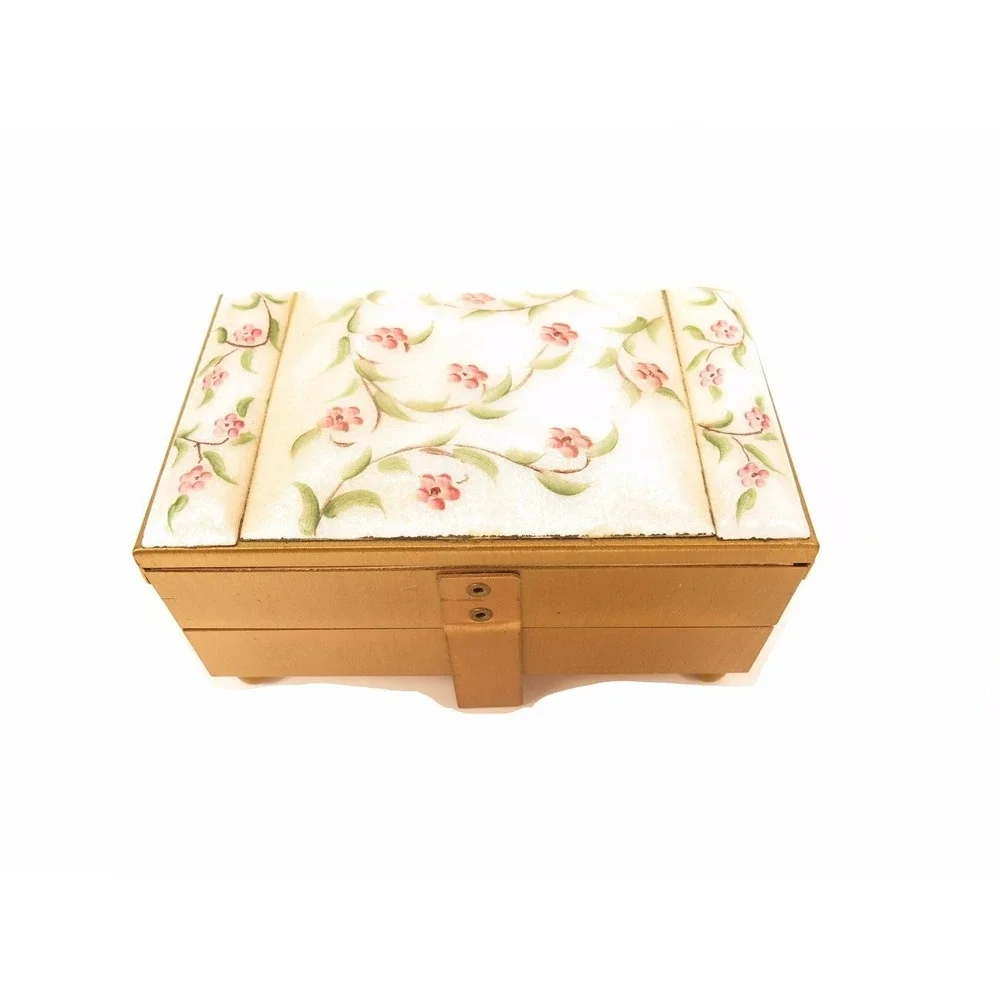 ANTIQUE RARE PINK FLOWERS GREEN LEAVES GUILLOCHE ENAMEL TIERED JEWELRY BOX‎